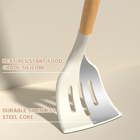 Umite Chef Kitchen Cooking Utensils Set, 33 pcs Non-stick Silicone Cooking Kitchen Utensils Spatula Set with Holder, Wooden Handle Silicone Kitchen Gadgets Utensil Set (Cream White)