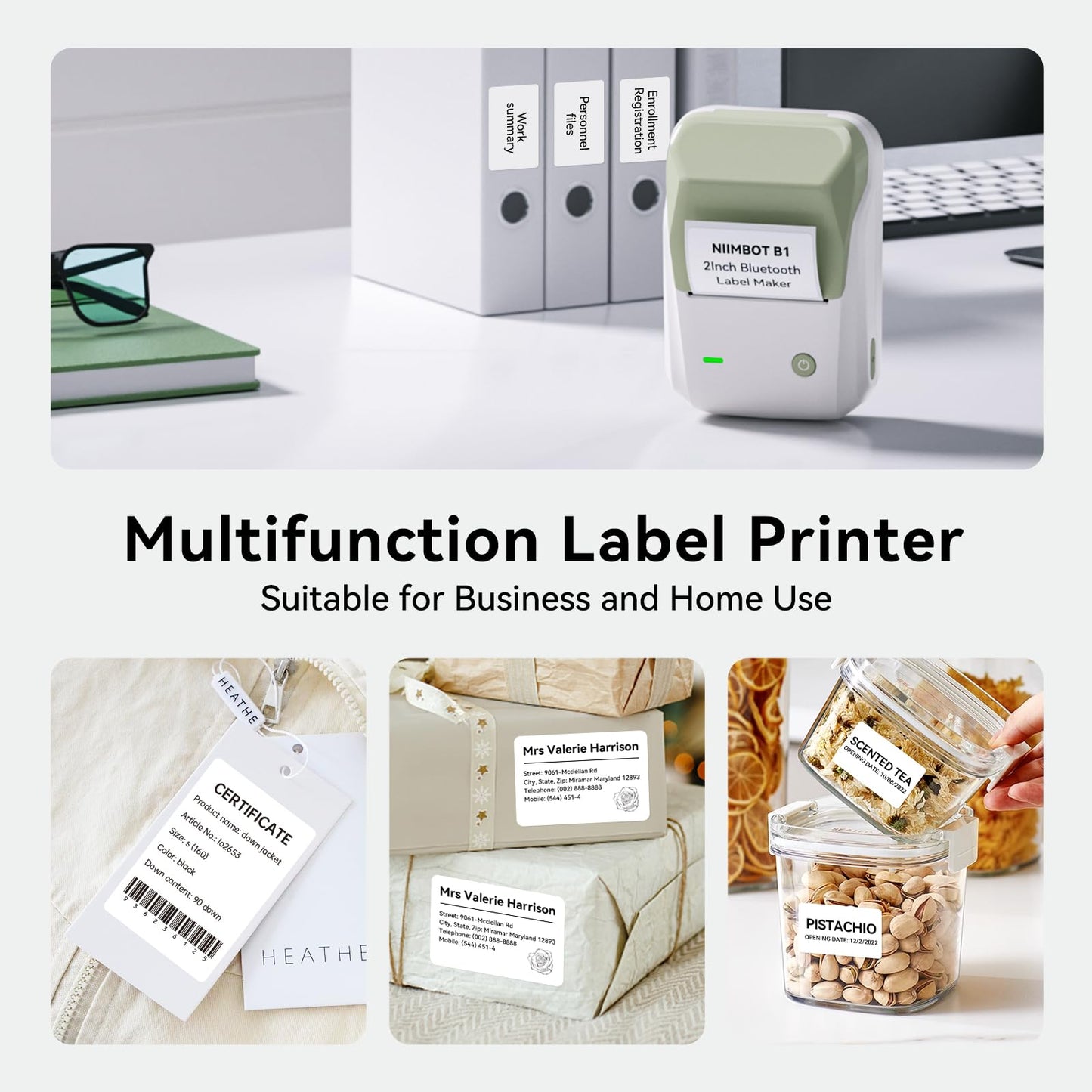 NIIMBOT B1 Label Maker, Thermal Label Printer, Mini Label Maker Machine with Tape, Small Sticker Printer with Auto Identification, Bluetooth Labelling Machine for Office, Home, Business, Green