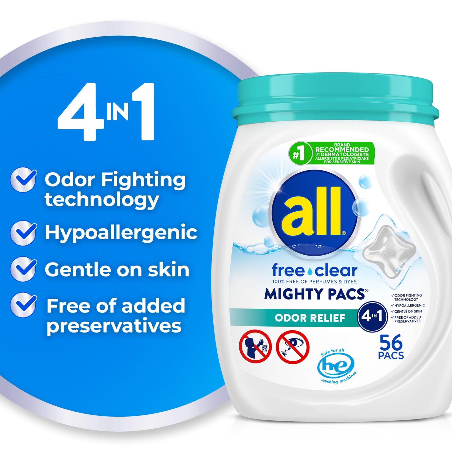 All Mighty Pacs Laundry Detergent Free Clear Odor Relief, Tub, 56 Count