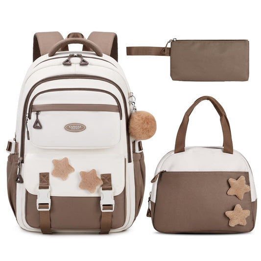 Amythe School Bag for Girls, 3 Pcs Kids Backpack for Elementary Junior School, Multiple Compartment Girl's BookBag Set with Lunch Box Pencil Case, Casual Sac a Dos Fille, Brown