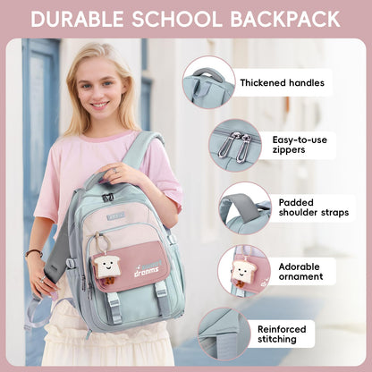 Amythe Girls School Bag, 16 inch School Backpack for Girl Age 9-16, Kids BookBag with Pendant for Elementary Middle School