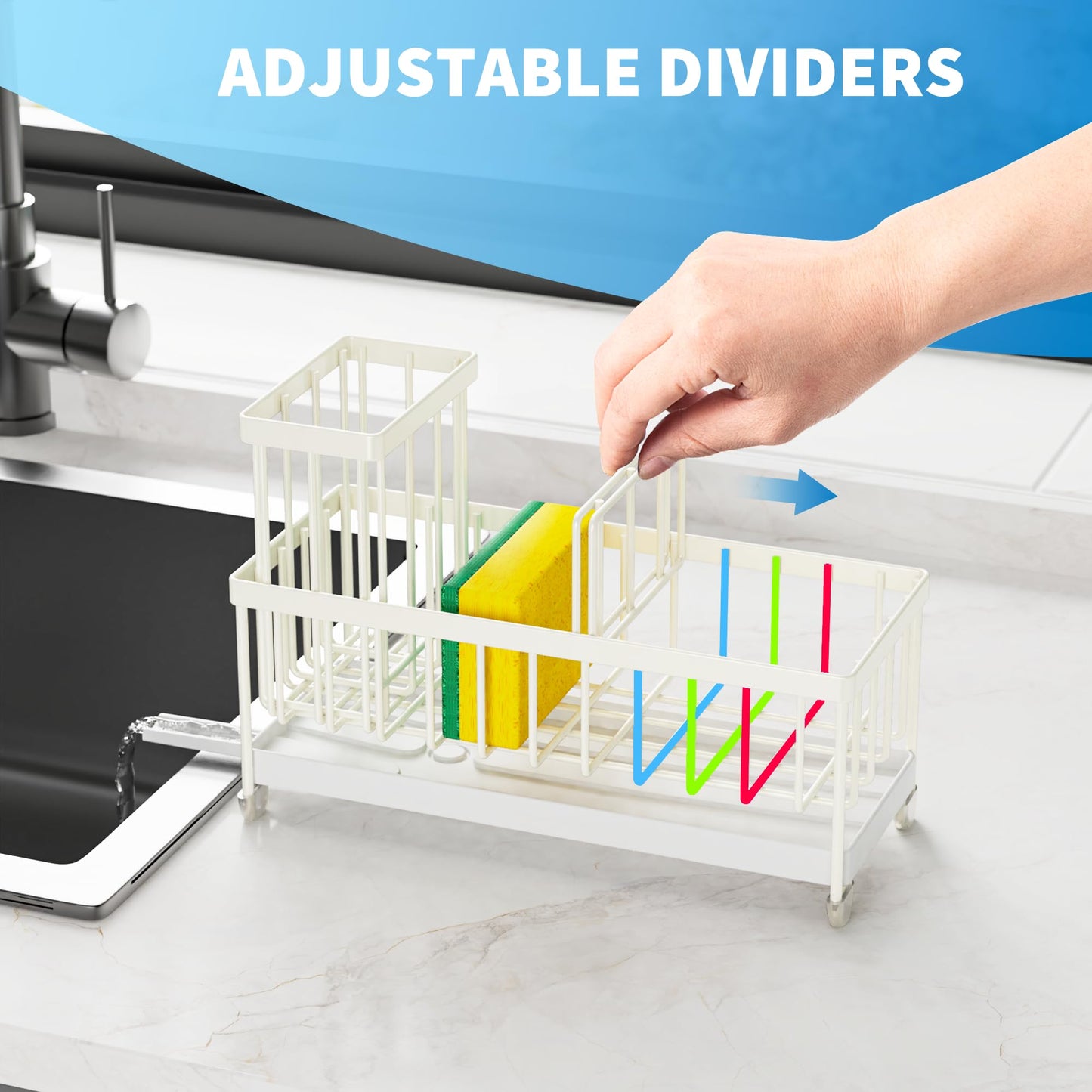 Cream Sponge Holder for Kitchen Sink, Sink Caddy Organizer with High Brush Holder, Kitchen Countertop Organizers and Storage Essentials, Rustproof 304 Stainless Steel, Soap Dispenser Organize