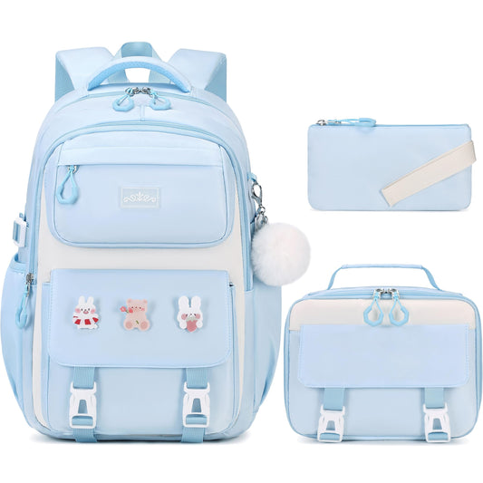 DIGOBAY School Backpack for Girls Backpack with Lunch Box Pencil Case Set for Teen Kids Girl Elementary Primary Middle High College School Bookbag with Cute Pins Blue