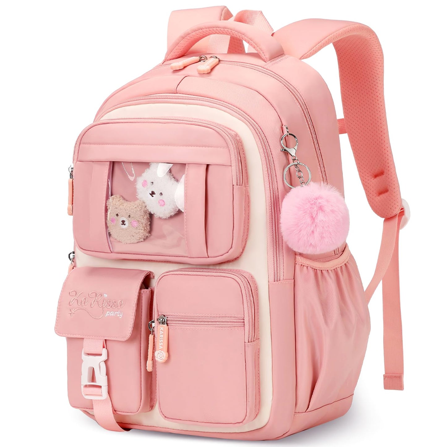 Amythe School Bag for Girls, Breathable School Backpack for Kids with Pendant, Casual Sac a Dos Fille for Elementary Junior High School, Pink