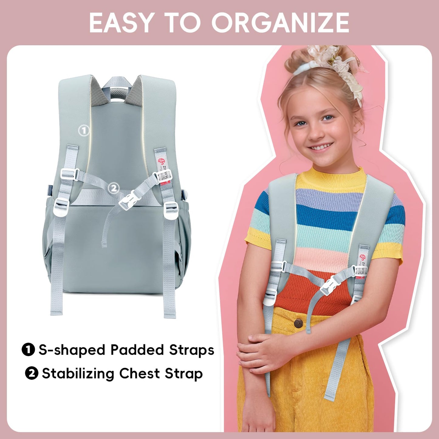 Amythe Girls School Bag, 16 inch School Backpack for Girl Age 9-16, Kids BookBag with Pendant for Elementary Middle School