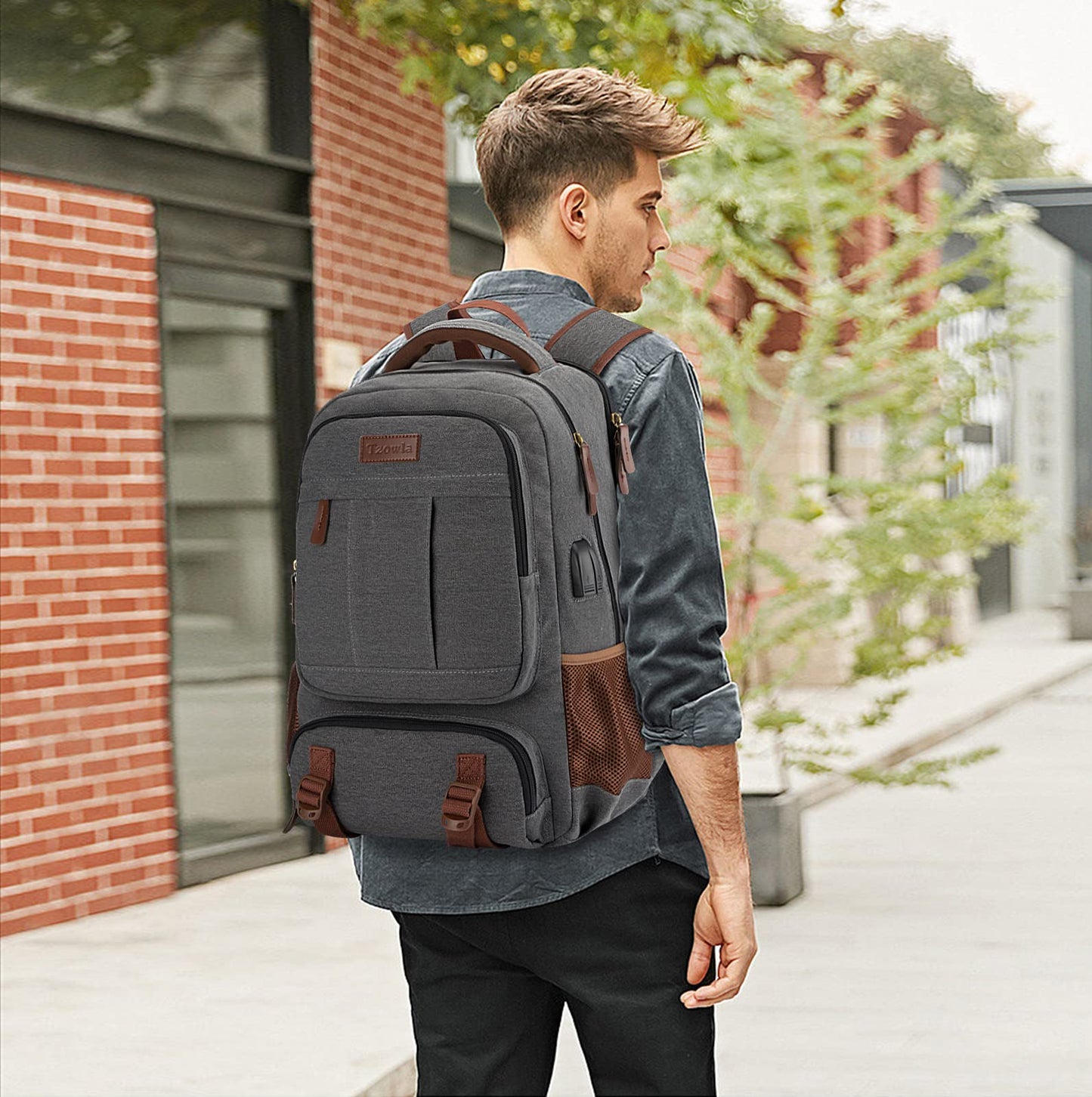 Tzowla Canvas Laptop Backpack Men,Bag for Women,School Travel College Work Rucksack Fits 15.6 Inch Laptop,Bookbag with USB Charging Port,Dark Grey
