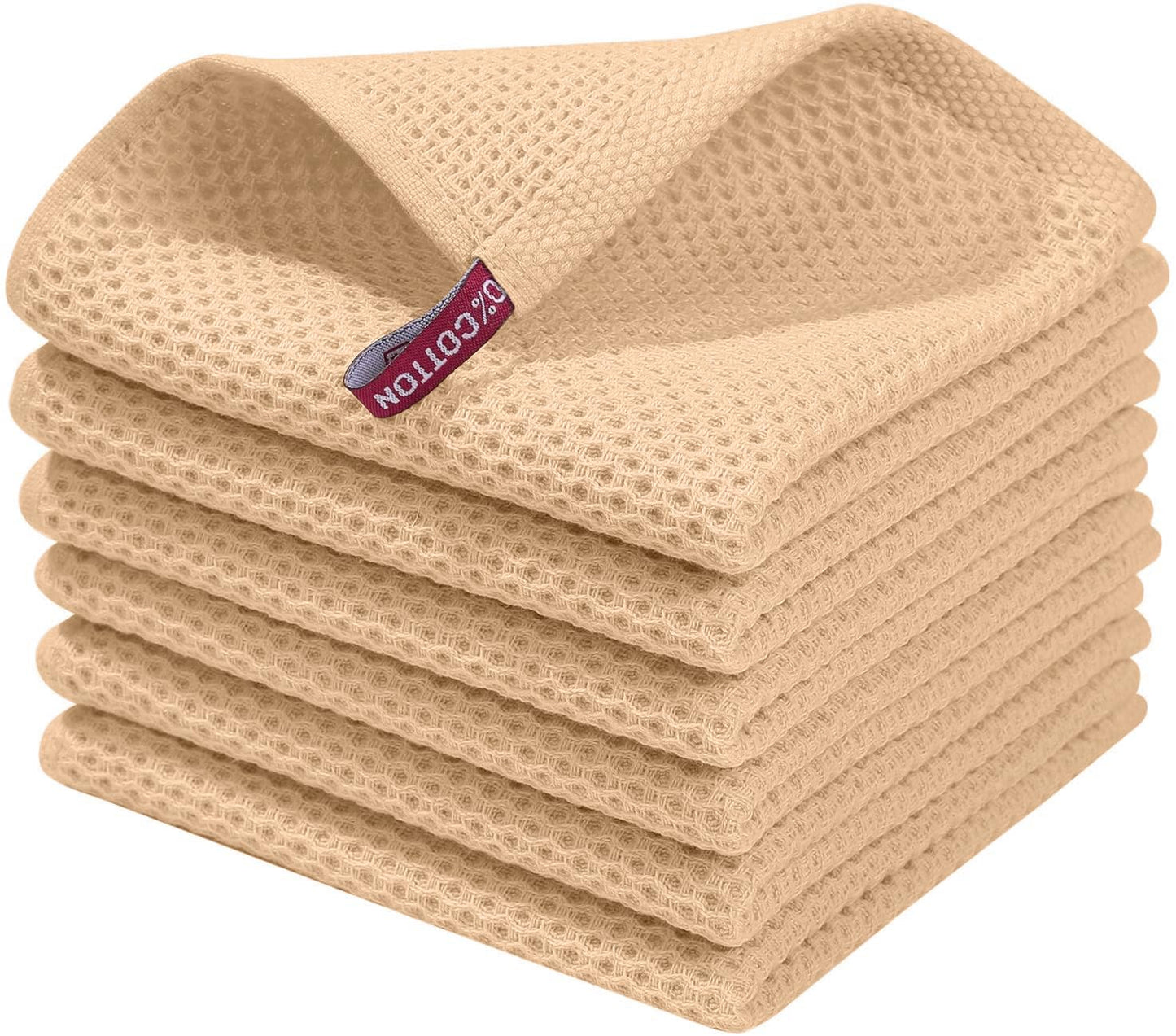 100% Cotton Waffle Weave Kitchen Dish Cloths, Ultra Soft Absorbent Quick Drying Dish Towels, 12 x 12 Inches, 6-Pack, Apricot