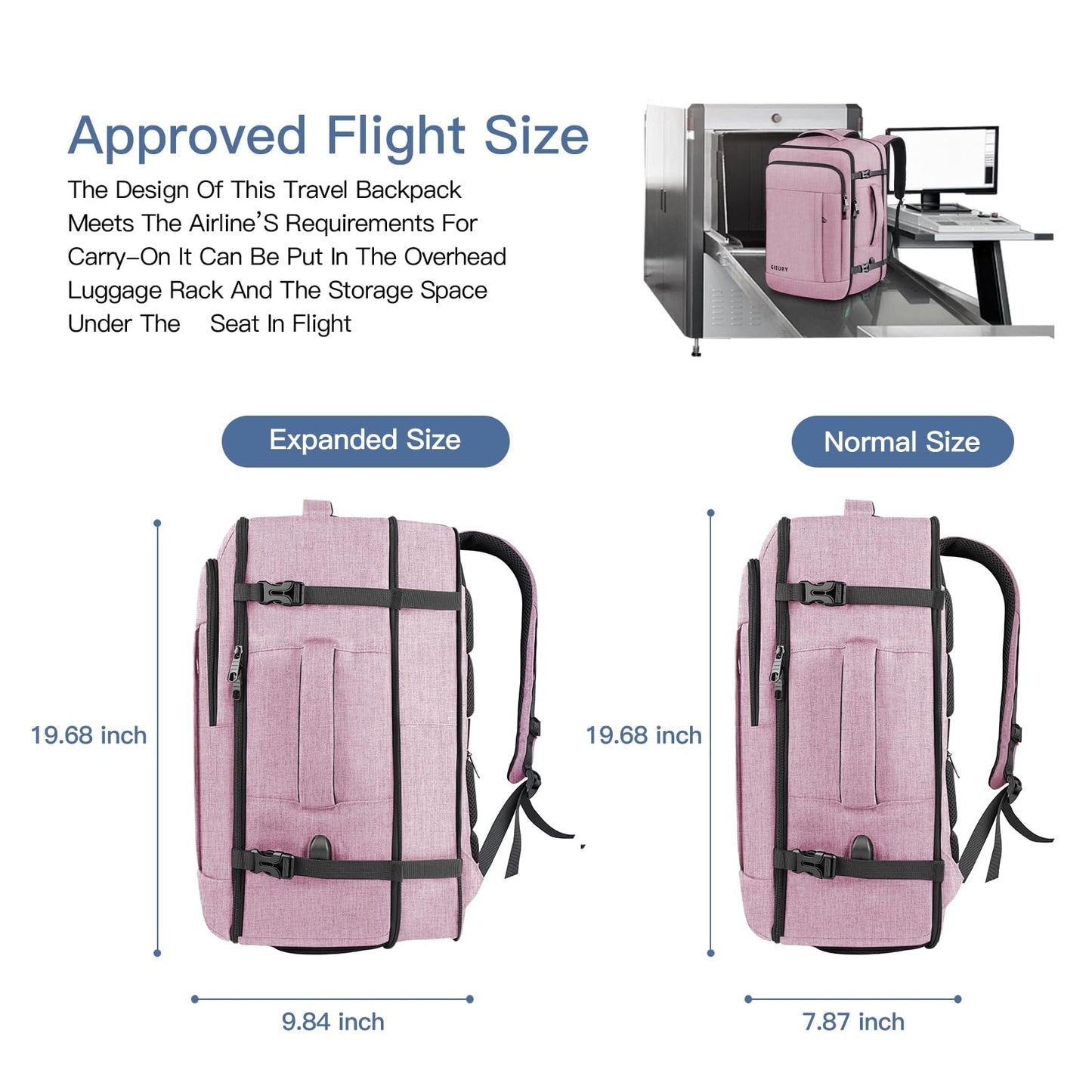 Carry On Backpack, 40-50L Travel Backpack for Men & Women, Expandable Backpack For Airplanes, 17 Inch Laptop Backpack, Luggage Backpack 40L Daypack Lightweight Business Weekender Bag, Light Pink