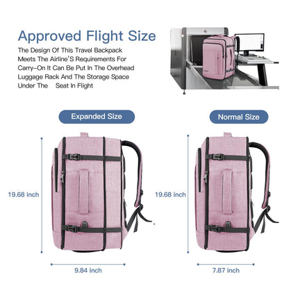 Carry On Backpack, 40-50L Travel Backpack for Men & Women, Expandable Backpack For Airplanes, 17 Inch Laptop Backpack, Luggage Backpack 40L Daypack Lightweight Business Weekender Bag, Light Pink