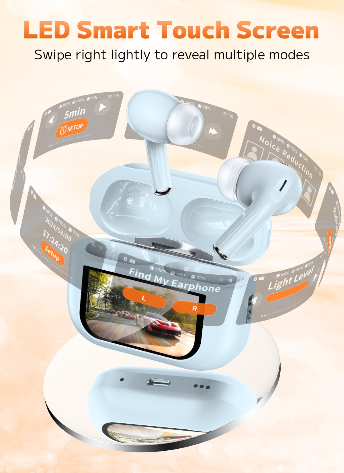 Wireless Earbuds, Bluetooth Earbuds 5.4 Headphones LED Touch Screen with 5 EQ Modes, 48H Headphones Wireless Noise with ANC Noise Cancelling, Deep Bass Stereo for Laptop, Android/iOS, Pad