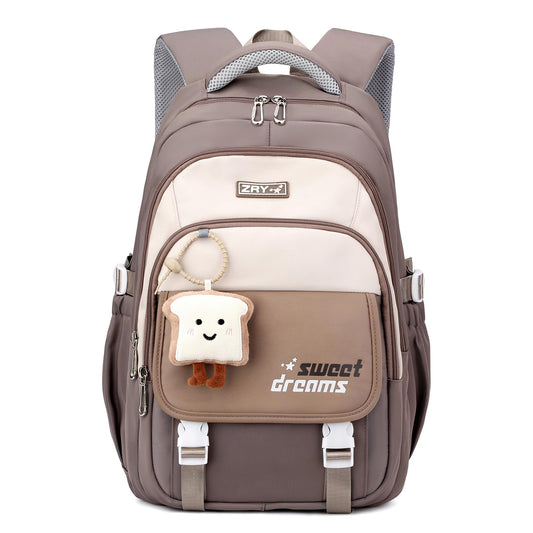 Amythe Girls School Bag, 16 inch School Backpack for Girl Age 9-16, Kids BookBag with Cute Pendant for Elementary Middle School, Children’s Casual Rucksack for Travel,Brown