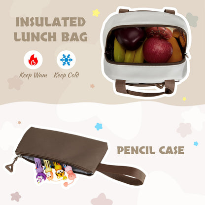 Amythe School Bag for Girls, 3 Pcs Kids Backpack for Elementary Junior School, Multiple Compartment Girl's BookBag Set with Lunch Box Pencil Case, Casual Sac a Dos Fille, Brown