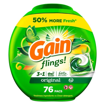 Gain Flings Laundry Detergent Pacs, Original Scent, 3 in 1 HE Detergent Pacs with Oxi Boost and Febreeze, 76 Count