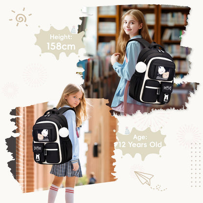 Amythe School Bag for Girls, Breathable School Backpack for Kids with Pendant, Casual Sac a Dos Fille for Elementary Junior High School, Black