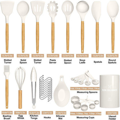 Umite Chef Kitchen Cooking Utensils Set, 33 pcs Non-stick Silicone Cooking Kitchen Utensils Spatula Set with Holder, Wooden Handle Silicone Kitchen Gadgets Utensil Set (Cream White)