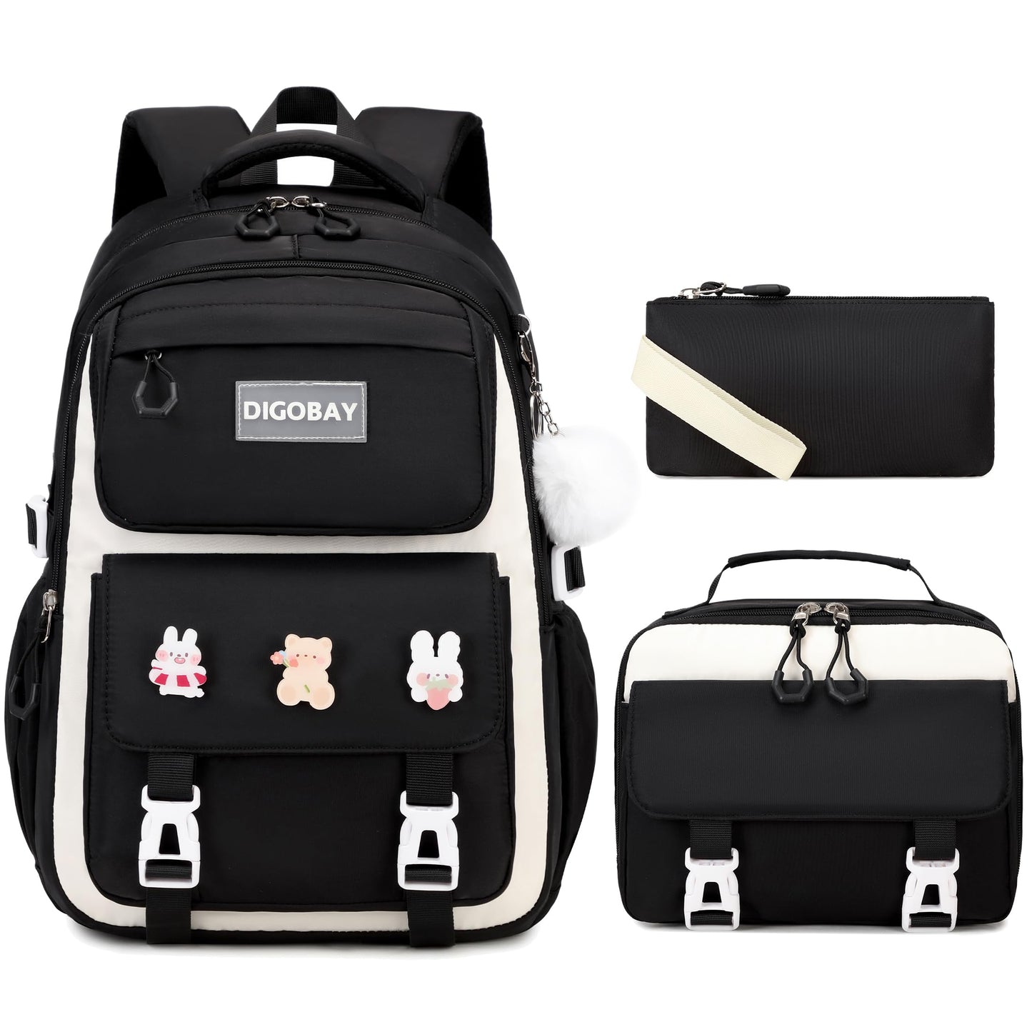DIGOBAY Girls Backpack Set for School, Kids Backpack for Girls with Lunch Box Pencil Case, Black-beige, Modern