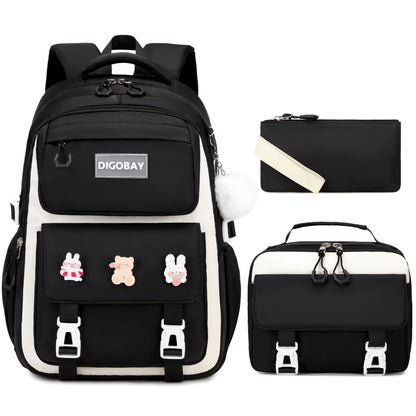 DIGOBAY Girls Backpack Set for School, Kids Backpack for Girls with Lunch Box Pencil Case, Black-beige, Modern