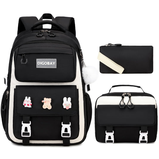 DIGOBAY Girls Backpack Set for School, Kids Backpack for Girls with Lunch Box Pencil Case, Black-beige, Modern