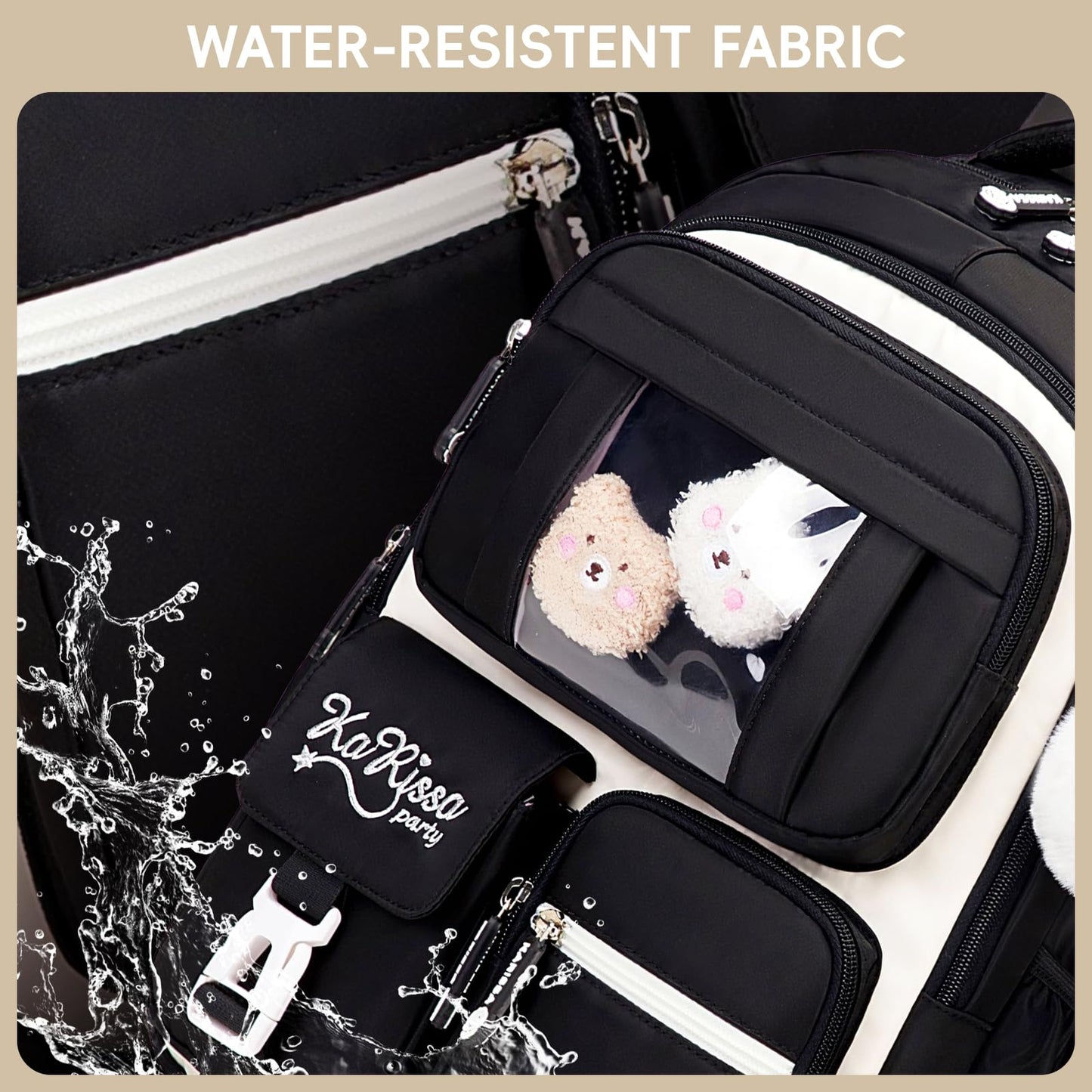 Amythe School Bag for Girls, Breathable School Backpack for Kids with Pendant, Casual Sac a Dos Fille for Elementary Junior High School, Black