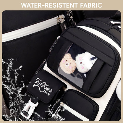 Amythe School Bag for Girls, Breathable School Backpack for Kids with Pendant, Casual Sac a Dos Fille for Elementary Junior High School, Black