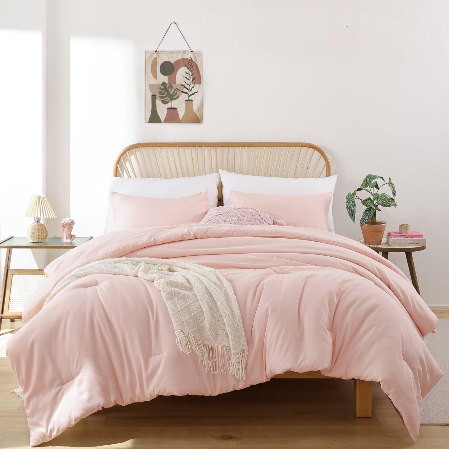 ROSGONIA Blush Comforter Set Queen, 3pcs (1 Boho Pink Comforter & 2 Pillowcases) All Season Soft Bedding Lightweight Bedspread Blanket Quilt