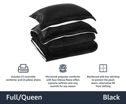 Ultra-Soft Micromink Sherpa Comforter Bed Set - Black, Full/Queen