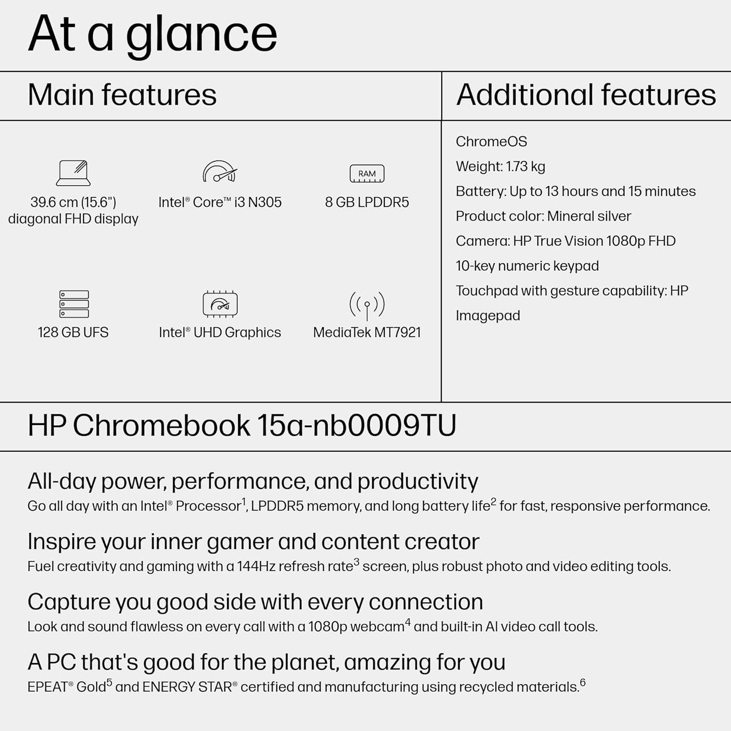 HP Chromebook 15a, 15.6-inch FHD Display, Intel Core i3-N305, 8GB RAM, 128GB UFS, Intel UHD Graphics, ChromeOS, Wi-Fi 6, Bluetooth 5.3, Numeric Keypad, Fast Charge, Mineral Silver, 9J6K2PA