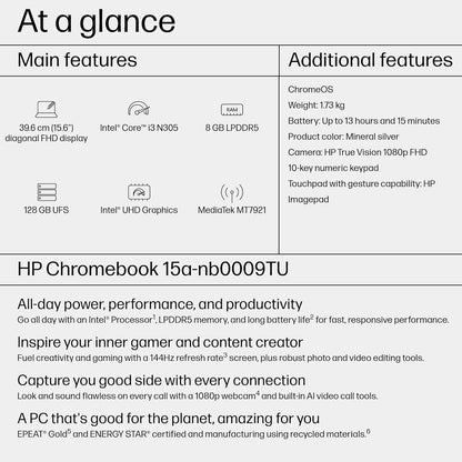 HP Chromebook 15a, 15.6-inch FHD Display, Intel Core i3-N305, 8GB RAM, 128GB UFS, Intel UHD Graphics, ChromeOS, Wi-Fi 6, Bluetooth 5.3, Numeric Keypad, Fast Charge, Mineral Silver, 9J6K2PA