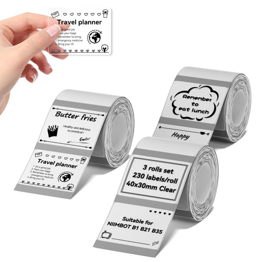 NIIMBOT Labels 3 Rolls Set for B1/B21/B3S Sticker Printer, 40x30mm (1.57'' x 1.18'') 230 Labels/Roll, Refill Labeling Tape for Home School Office Small Business (Clear)