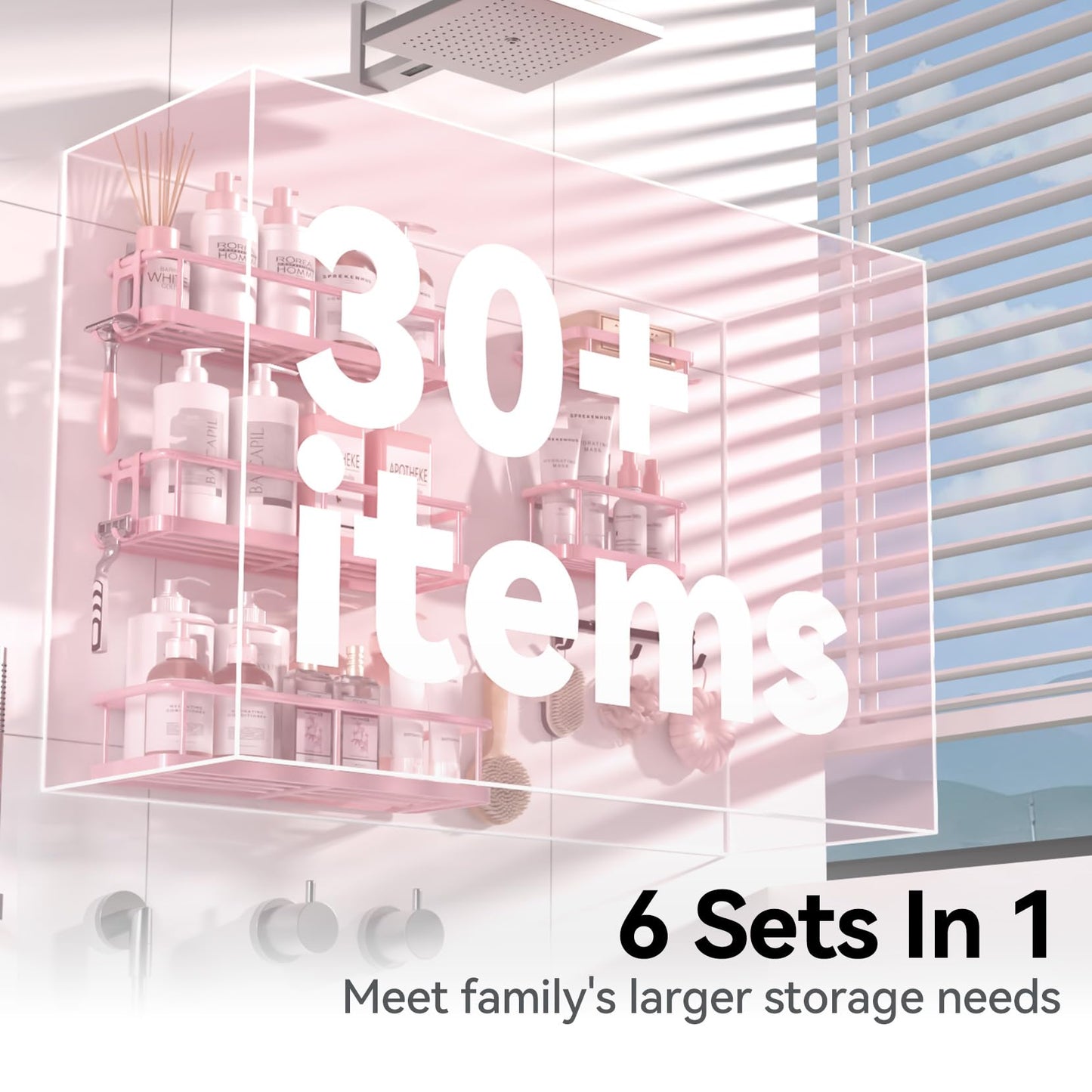 YASONIC Shower Caddy, 6 Pack Large Capacity Bath Organizer with Soap Holder and 12 Hooks, Rustproof Shower Shelves for Inside Shower, No Drilling&Sleek Bathroom Organizers and Storage Pink