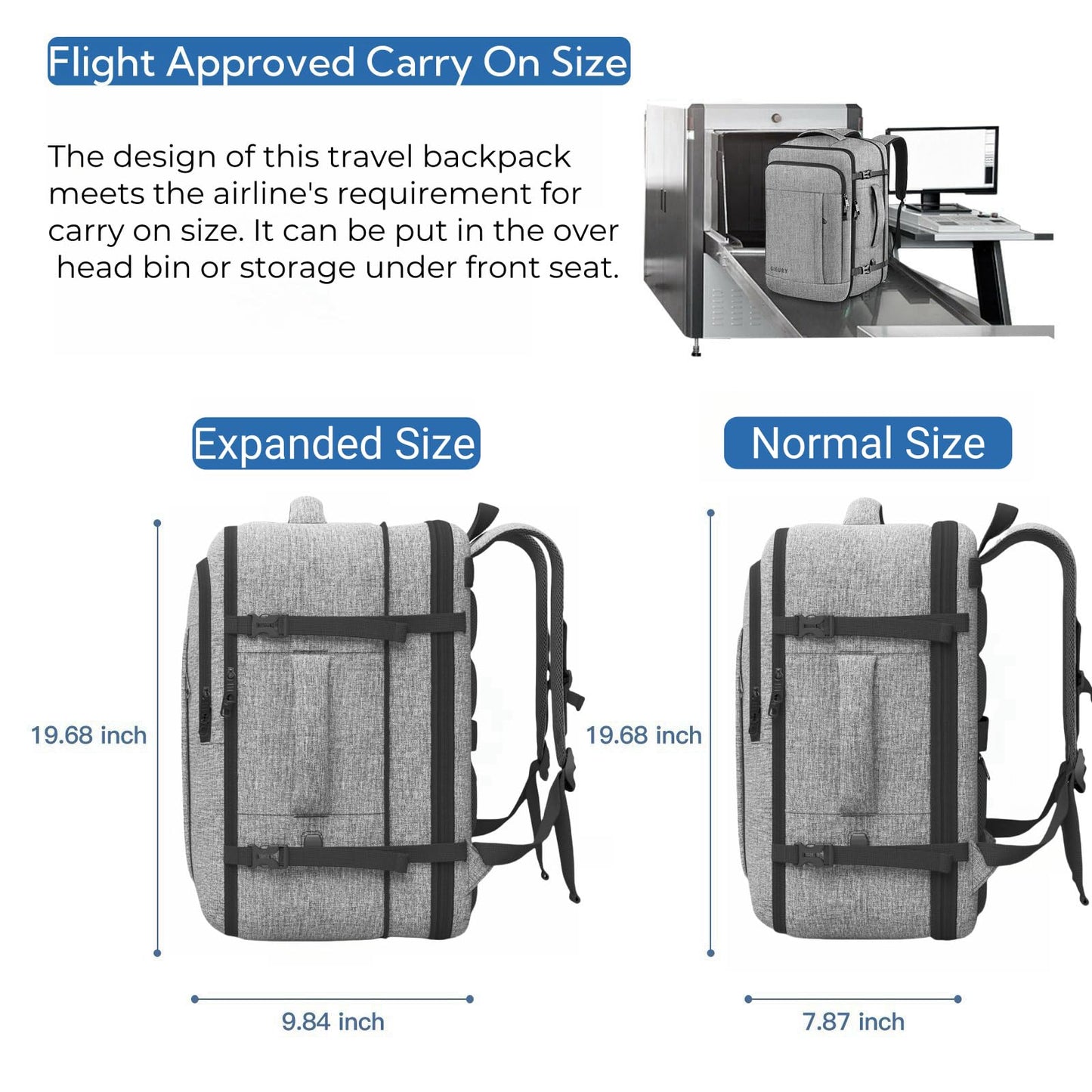Carry On Backpack, Extra Large 40-50L Travel Backpack for Men & Women, Expandable Backpack For Airplanes, 17 Inch Laptop Backpack, Luggage Backpack 40L Daypack Lightweight Business Weekender Bag, Grey