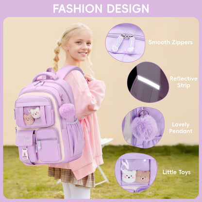 Amythe School Bag for Girls, Breathable School Backpack for Kids with Pendant, Casual Sac a Dos Fille for Elementary Junior High School, Purple