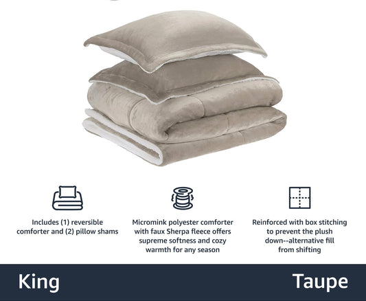 Ultra-Soft Micromink Sherpa Comforter Bed Set - Taupe, King