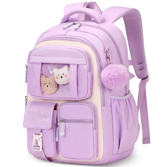 Amythe School Bag for Girls, Breathable School Backpack for Kids with Pendant, Casual Sac a Dos Fille for Elementary Junior High School, Purple