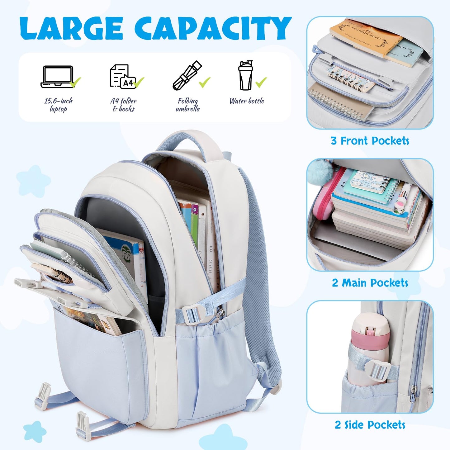 Amythe School Bag for Girls, 3 Pcs Kids Backpack for Elementary Junior School, Multiple Compartment Girl's BookBag Set with Lunch Box Pencil Case, Casual Sac a Dos Fille, Blue
