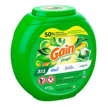 Gain Flings Laundry Detergent Pacs, Original Scent, 3 in 1 HE Detergent Pacs with Oxi Boost and Febreeze, 76 Count