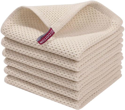 100% Cotton Waffle Weave Kitchen Dish Cloths, Ultra Soft Absorbent Quick Drying Dish Towels, 12 x 12 Inches, 6-Pack, Beige