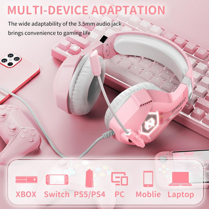 Ozeino Gaming Headset for PC, Ps4, Ps5, Xbox Headset with 7.1 Surround Sound, Gaming Headphones with Noise Cancelling Mic RGB Light Over Ear Headphones for Xbox Series X/S, Switch-Pink
