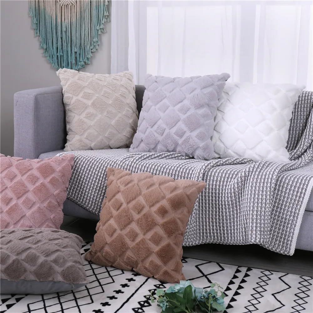 CJWLKJ 2Pcs Soft Faux Fur Throw Pillow Covers 18x18 - Plush Short Wool Velvet Decorative Pillow Covers - Couch Sofa Pillow Covers for Living Room - with 3D Plaid Pattern (Black)