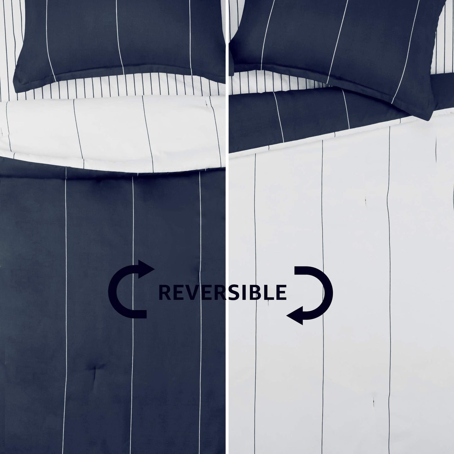 Reversible Microfiber Bed-in-a-Bag with Elastic Storage Pockets - 7 pieces, Full/Queen, Navy Stripe