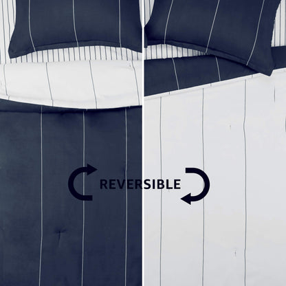 Reversible Microfiber Bed-in-a-Bag with Elastic Storage Pockets - 7 pieces, Full/Queen, Navy Stripe