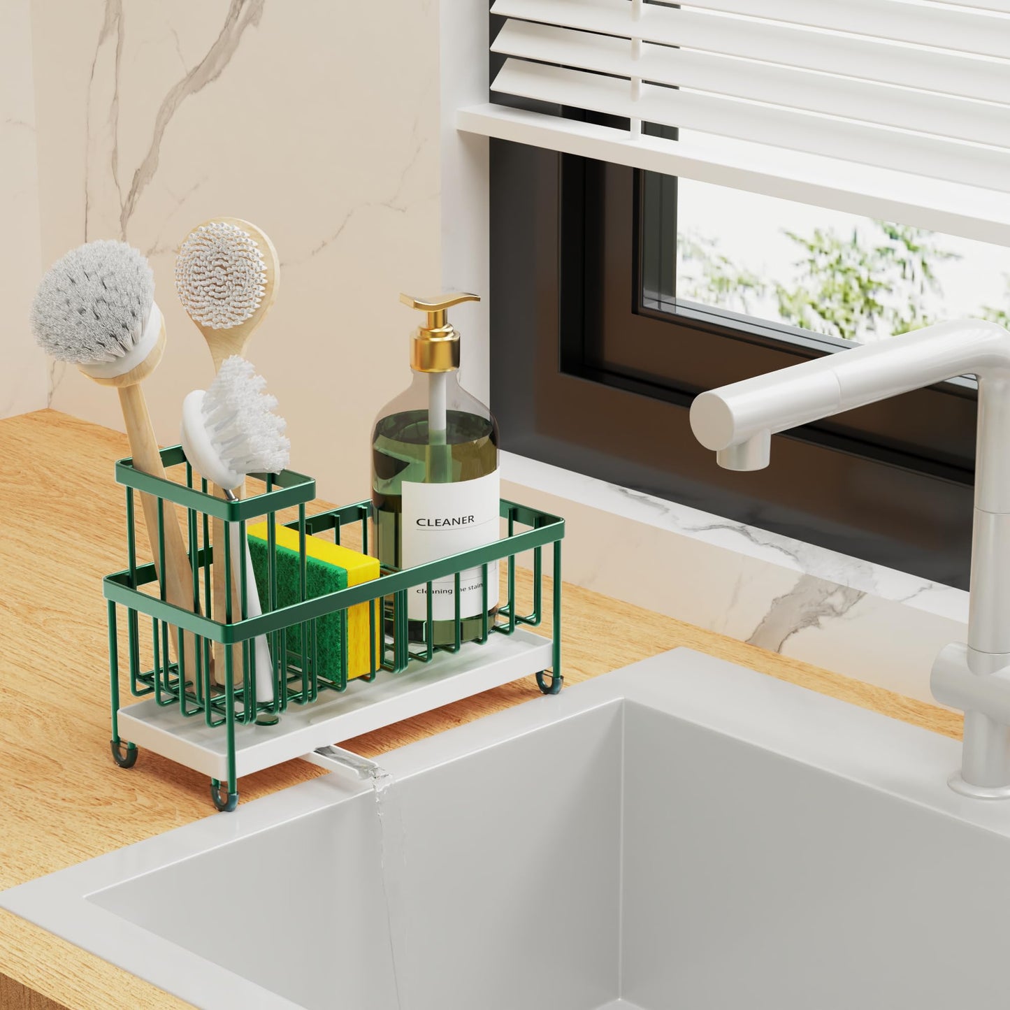 Sponge Holder for Kitchen Sink, Sink Caddy Organizer with High Brush Holder, Countertop Organizers and Storage Rustproof 304 Stainless Steel, Dark Green Kitchen Decor and Accessories