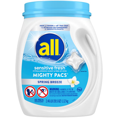 all Sensitive Fresh Mighty Pacs Laundry Detergent Pacs, Hypoallergenic Spring Breeze Scent, Gentle for Sensitive Skin, 60 Count, HE Compatible