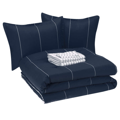 Reversible Microfiber Bed-in-a-Bag with Elastic Storage Pockets - 7 pieces, Full/Queen, Navy Stripe