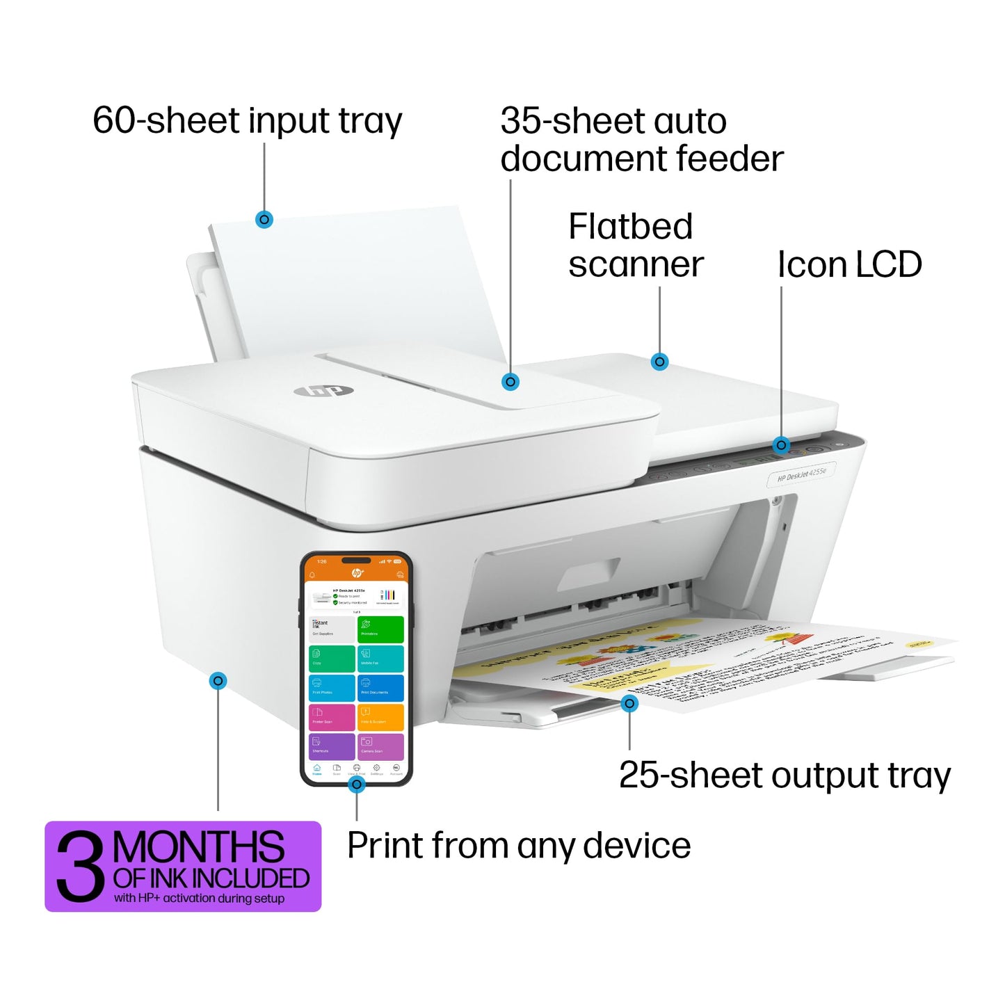HP DeskJet 4255e Wireless All-in-One Color Inkjet Printer, Scanner, Copier, Best-for-Home, 3 Month Instant Ink Trial Included (588S6A)
