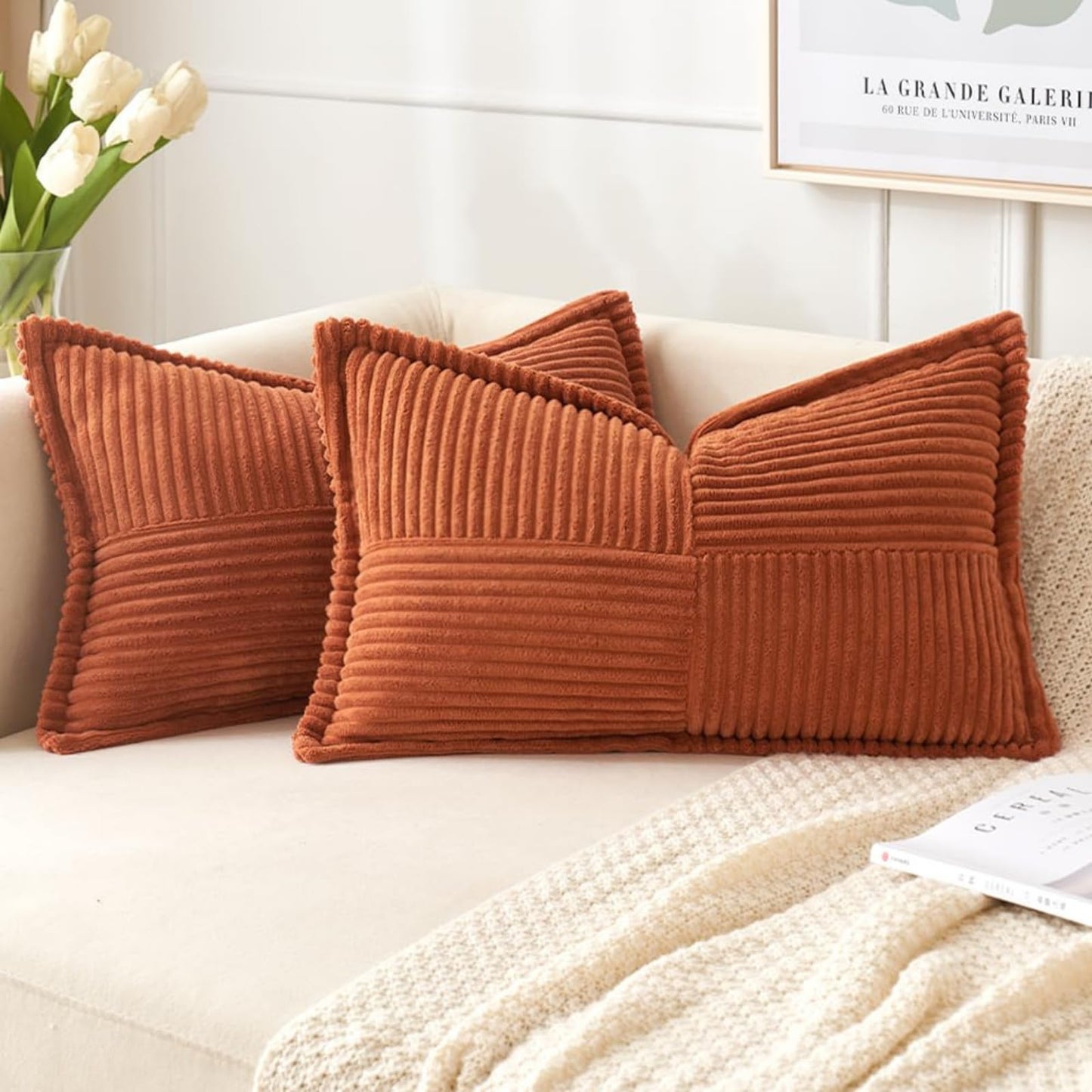 2 Packs Throw Pillow Covers Corduroy,Decorative Lumbar Pillow Covers, JOMWEN Super Soft Boho Striped Cushion Covers for Couch Bed Sofa Livingroom (Burnt Orange, 50 x 30 cm)