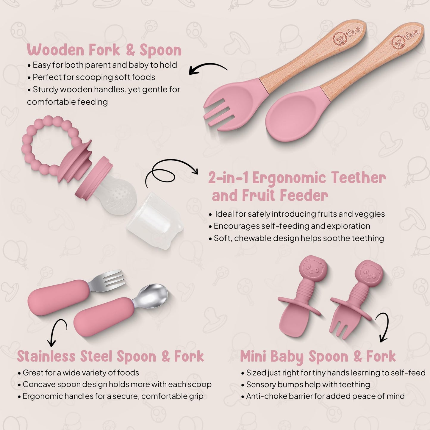 O'doe 17-Piece BPA-Free Silicone Baby Feeding Set | Thick & Soft Suction Plates, Baby Bowls, Wooden Fork & Spoon, and More | Make Mealtime Fun and Easy for Your Little One | Pink, V2