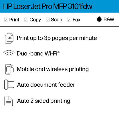 HP Laserjet Pro MFP 3101fdw Wireless Black & White All-in-One Laser Printer, Scanner, Copier, Fax, Best-for-Office (3G628F)