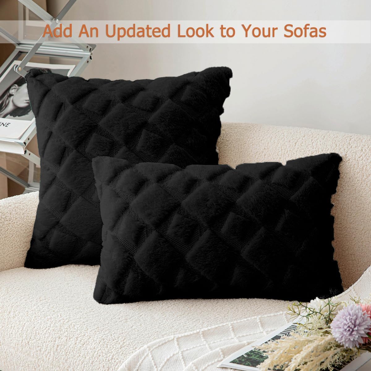 CJWLKJ 2Pcs Soft Faux Fur Throw Pillow Covers 18x18 - Plush Short Wool Velvet Decorative Pillow Covers - Couch Sofa Pillow Covers for Living Room - with 3D Plaid Pattern (Black)