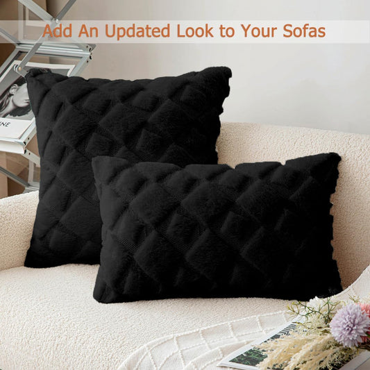 CJWLKJ 2Pcs Soft Faux Fur Throw Pillow Covers 18x18 - Plush Short Wool Velvet Decorative Pillow Covers - Couch Sofa Pillow Covers for Living Room - with 3D Plaid Pattern (Black)